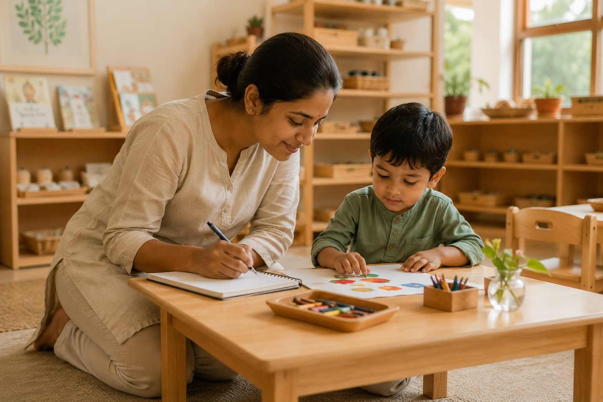 An educator noting a child’s progress one-on-one.