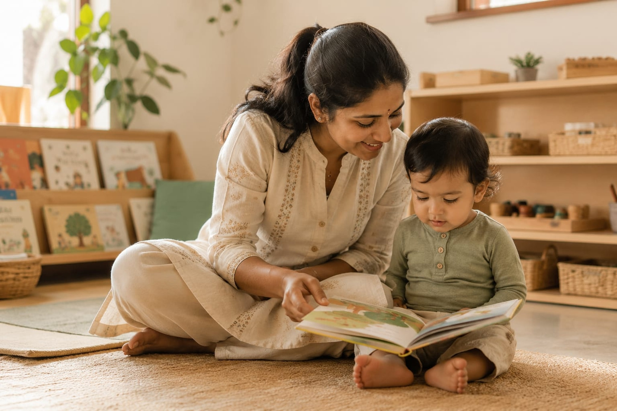 An educator and toddler sharing a quiet book.
